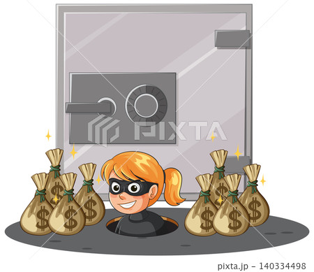 Cartoon Thief Emerging From Tunnel Near Bank Vault 140334498