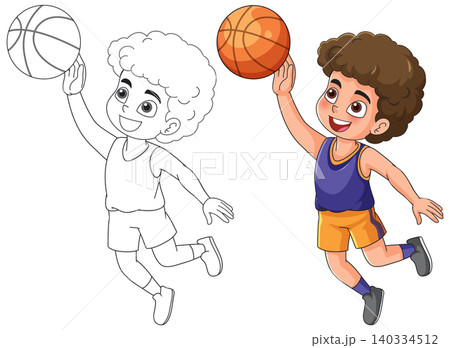 Young Boy Jumping to Shoot Basketball in Color and Line Art Young Boy Jumping to Shoot Basketball in Color and Line Art 140334512