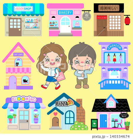 Cute City Life Shopping Street with Local Stores and Urban Boy Girl Characters Cute City Life Shopping Street with Local Stores and Urban Boy Girl Characters 140334674