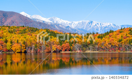 青木湖の紅葉と白馬の山並み 青木湖の紅葉と白馬の山並み 140334872