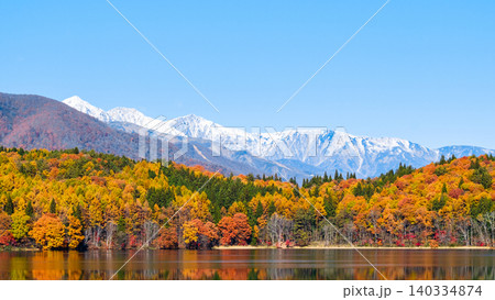 青木湖の紅葉と白馬の山並み 140334874