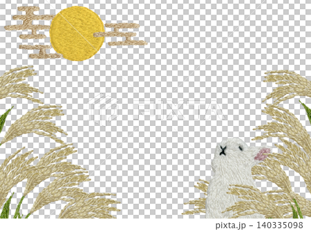 【ススキと月とウサギの横フレーム】手刺繍イラスト素材 140335098