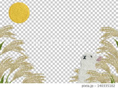 [Horizontal frame with pampas grass, moon, and rabbit] Hand-embroidered illustration material 140335102