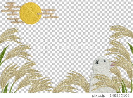 [Horizontal frame with pampas grass, moon, and rabbit] Hand-embroidered illustration material 140335103