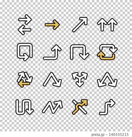 Pop-style arrow icon set of 16, with yellow accents, vector illustration. Pop-style arrow icon set of 16, with yellow accents, vector illustration. 140335215