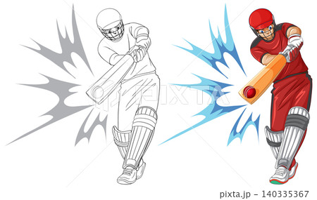 Cricket Batsman Hitting a Ball with Action Impact Vector Illustration 140335367