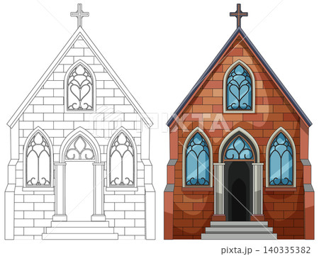 Gothic Church Front View Color and Line Art 140335382