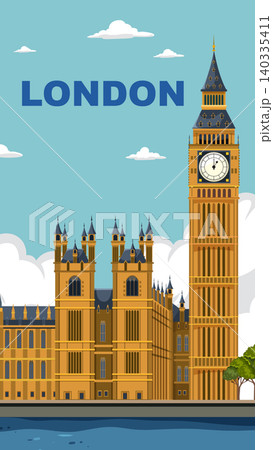 Flat Vector Illustration of London Cityscape with Iconic Big Ben Tower Flat Vector Illustration of London Cityscape with Iconic Big Ben Tower 140335411