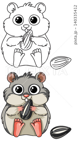 Cute Cartoon Hamster Eating Sunflower Seed Coloring Page and Vector Illustration 140335412