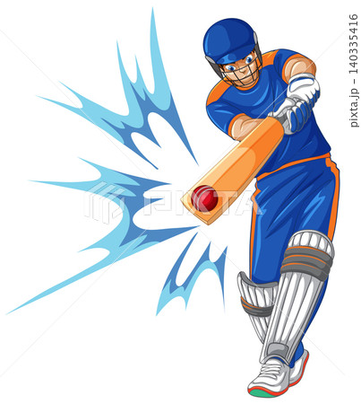 Professional Cricket Player Swinging Bat to Hit Ball in Action Pose 140335416