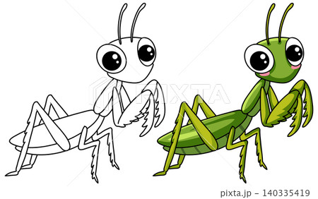 Cute Praying Mantis Cartoon Character in Color and Line Art Cute Praying Mantis Cartoon Character in Color and Line Art 140335419