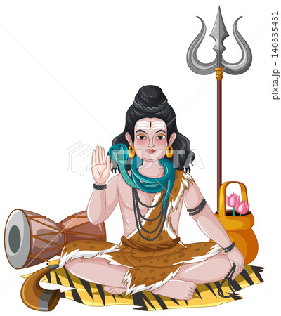 Meditating Hindu Deity Shiva Vector Illustration with Sacred Symbols on White Background 140335431