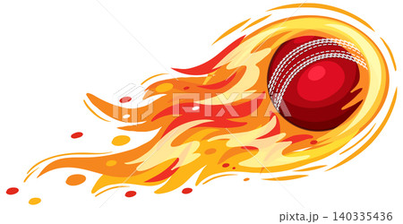 Red Cricket Ball Flying Through the Air with Fire Trail Red Cricket Ball Flying Through the Air with Fire Trail 140335436