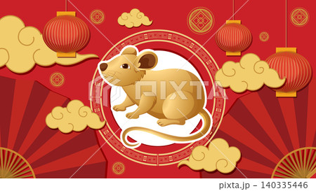 Golden Rat Chinese Zodiac Illustration with Lanterns and Clouds 140335446