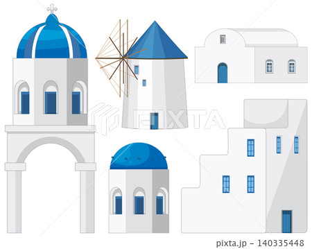 Mediterranean Style White and Blue Architecture Vector Illustration Set 140335448