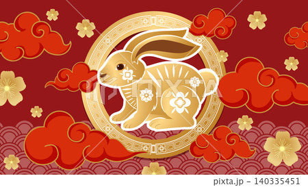 Golden Chinese Zodiac Rabbit Illustration with Red Clouds and Floral Patterns 140335451