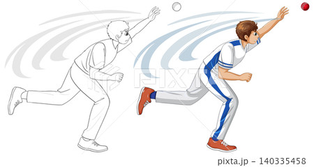 Cricket Player Throwing Ball Vector Illustration with Outline and Color Versions 140335458