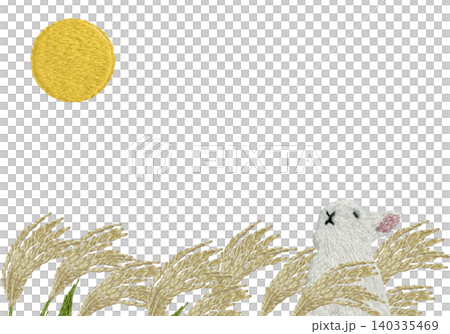 [Horizontal frame with pampas grass, moon, and rabbit] Hand-embroidered illustration material 140335469
