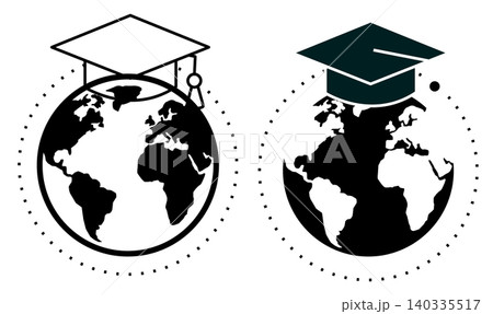 Global learning icon. International education sign. Graduation cap perched atop a globe symbol. flat style. 140335517
