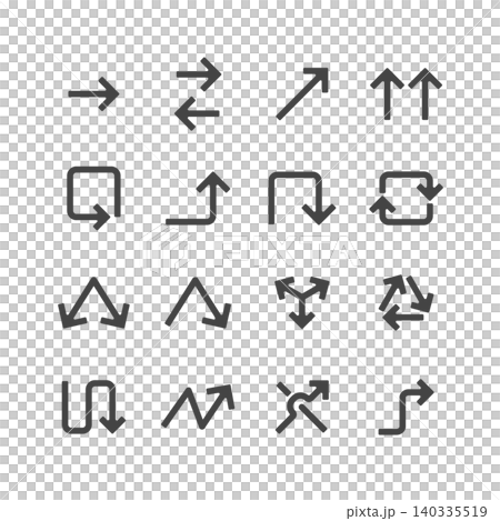 Set of 16 simple rounded arrow icons in dark gray vector illustration. Set of 16 simple rounded arrow icons in dark gray vector illustration. 140335519