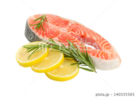 Salmon fillet rests beside sliced lemon and sprigs of rosemary, PNG Salmon fillet rests beside sliced lemon and sprigs of rosemary, PNG 140335565