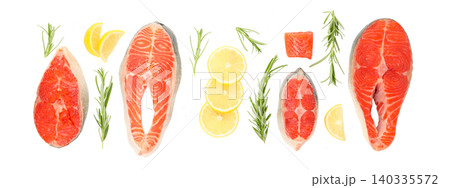 Salmon fillets displayed with lemon slices and herbs. Healthy food and gourmet cooking concept, PNG 140335572