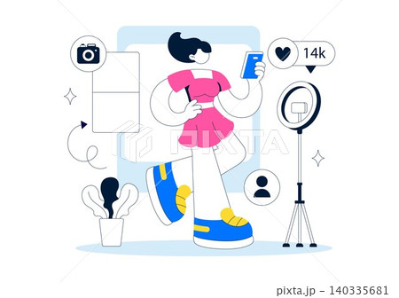 Micro Influencer Home Studio Illustration Featuring Content Creation Setup, Social Media Marketing, Live Streaming, and Digital Creator Workspace 140335681