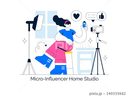 Micro Influencer Home Studio Illustration Featuring Content Creation Setup, Social Media Marketing, Live Streaming, and Digital Creator Workspace Micro Influencer Home Studio Illustration Featuring Content Creation Setup, Social Media Marketing, Live Streaming, and Digital Creator Workspace 140335682