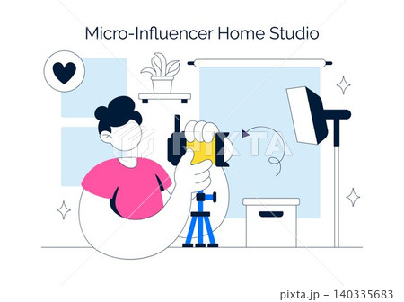 Micro Influencer Home Studio Illustration Featuring Content Creation Setup, Social Media Marketing, Live Streaming, and Digital Creator Workspace Micro Influencer Home Studio Illustration Featuring Content Creation Setup, Social Media Marketing, Live Streaming, and Digital Creator Workspace 140335683