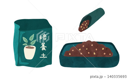 開封済の観葉植物培養土と土入れスコップとトレーのセット　水彩風手描きイラスト 140335693
