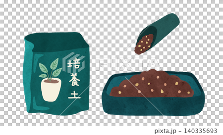 開封済の観葉植物培養土と土入れスコップとトレーのセット　水彩風手描きイラスト 140335693