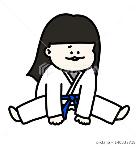 体が硬くて足が開かないストレッチ中の女の子 道着青帯 背景透過 体が硬くて足が開かないストレッチ中の女の子 道着青帯 背景透過 140335719