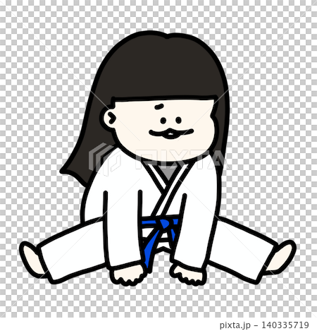 体が硬くて足が開かないストレッチ中の女の子 道着青帯 背景透過 体が硬くて足が開かないストレッチ中の女の子 道着青帯 背景透過 140335719