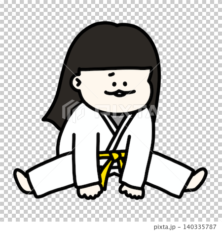 一個動作僵硬的女孩正在努力做劈腿拉伸。 (黃色武術服、腰帶、透明背景) 一個動作僵硬的女孩正在努力做劈腿拉伸。 (黃色武術服、腰帶、透明背景) 140335787