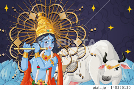 Vector Illustration of Blue Deity Playing Flute Beside White Cow Vector Illustration of Blue Deity Playing Flute Beside White Cow 140336130