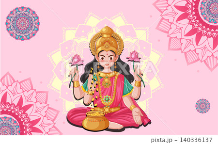 Hindu Goddess Lakshmi Vector Illustration with Gold Coins and Lotus Flowers Hindu Goddess Lakshmi Vector Illustration with Gold Coins and Lotus Flowers 140336137
