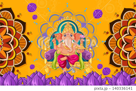 Lord Ganesha Sitting on Throne with Mandala Background and Lotus Flowers Lord Ganesha Sitting on Throne with Mandala Background and Lotus Flowers 140336141