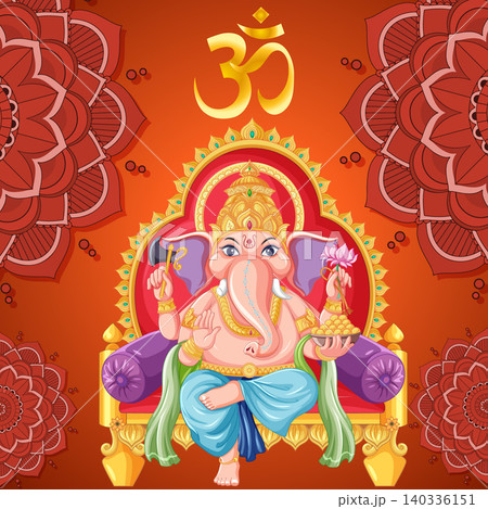Lord Ganesha Sitting on Golden Throne with Om Symbol and Mandalas 140336151