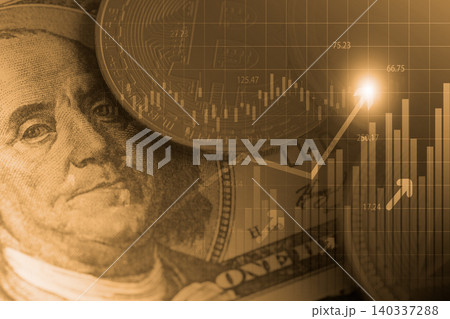 Modern way of exchange. Bitcoin is convenient payment in global economy market. Virtual digital currency and financial investment trade concept. Abstract cryptocurrency with gold bitcoin background. 140337288
