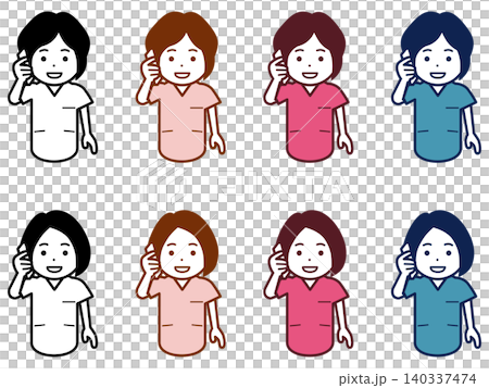 [Hair style/color variations] Icon of a female nurse making a phone call on her smartphone. Part 2 140337474