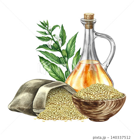Sesame oil. Hand-drawn watercolor illustration. White sesame seeds in a burlap bag and wooden bowl, a sesame stalk with leaves, pods, and flowers, and a glass bottle of oil. Sesame oil. Hand-drawn watercolor illustration. White sesame seeds in a burlap bag and wooden bowl, a sesame stalk with leaves, pods, and flowers, and a glass bottle of oil. 140337512