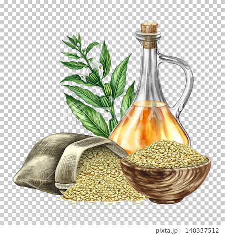 Sesame oil. Hand-drawn watercolor illustration. White sesame seeds in a burlap bag and wooden bowl, a sesame stalk with leaves, pods, and flowers, and a glass bottle of oil. Sesame oil. Hand-drawn watercolor illustration. White sesame seeds in a burlap bag and wooden bowl, a sesame stalk with leaves, pods, and flowers, and a glass bottle of oil. 140337512