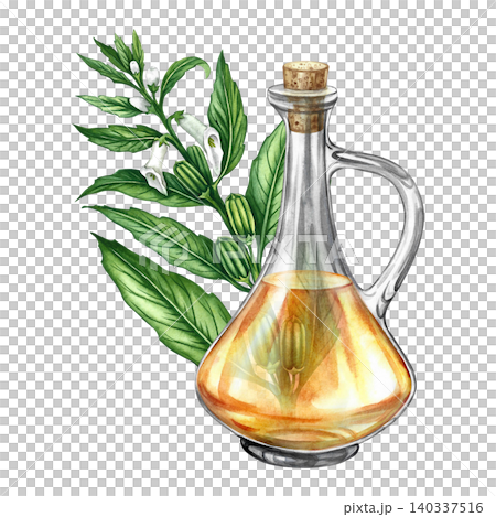 Sesame oil in a glass bottle. Hand-drawn watercolor illustration. Sesame stalk with leaves, pods, and flowers. Perfect for creating labels, packaging, posters, banners, menus, and more. 140337516