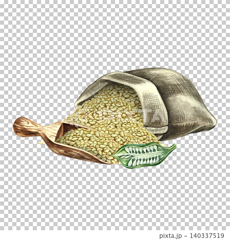 White sesame seeds in a burlap bag and scoop, sesame pod in section. Hand-drawn watercolor illustration. Separate from background. Perfect for creating labels, packaging, posters, menus, and more. White sesame seeds in a burlap bag and scoop, sesame pod in section. Hand-drawn watercolor illustration. Separate from background. Perfect for creating labels, packaging, posters, menus, and more. 140337519