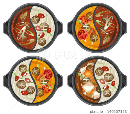 Four Varieties of Asian Hot Pot in Divided Pots Four Varieties of Asian Hot Pot in Divided Pots 140337538