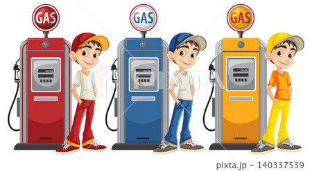 Boys Standing Beside Colorful Gas Pumps Vector Illustration Boys Standing Beside Colorful Gas Pumps Vector Illustration 140337539