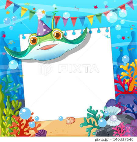 Cute Stingray with Party Hat and Blank Paper in Coral Reef 140337540