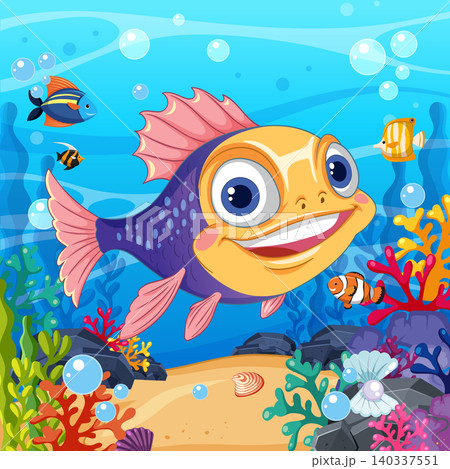 Colorful Cartoon Fish Swimming in a Vibrant Tropical Coral Reef Colorful Cartoon Fish Swimming in a Vibrant Tropical Coral Reef 140337551