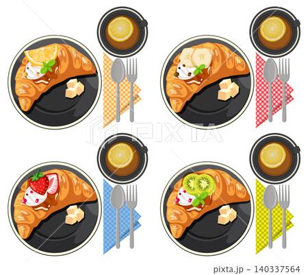 Breakfast Croissants with Fruit and Tea on Colorful Table Settings Breakfast Croissants with Fruit and Tea on Colorful Table Settings 140337564