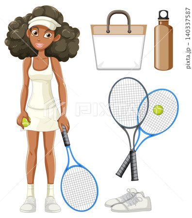 Female Tennis Player with Equipment and Accessories Vector Illustration 140337587